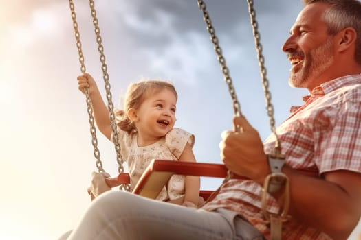 Cheerful dad and daughter are swinging on a swing. Generative AI. High quality illustration