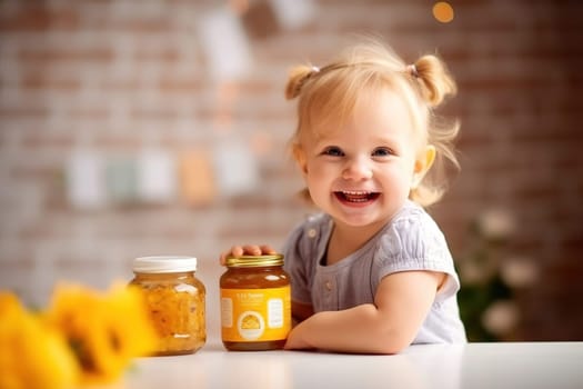 A little girl advertises glass jars with food. Generative AI. High quality illustration