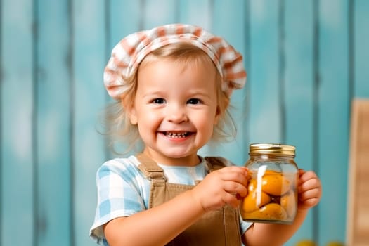 A little girl advertises glass jars with food. Generative AI. High quality illustration