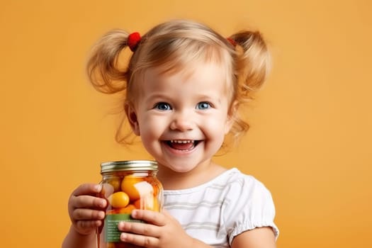 A little girl advertises glass jars with food. Generative AI. High quality illustration
