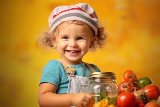A little girl advertises glass jars with food. Generative AI. High quality illustration