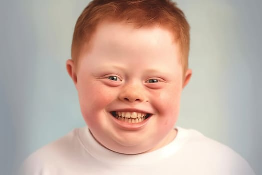 Portrait of a smiling child with Down syndrome. Generative AI. High quality illustration