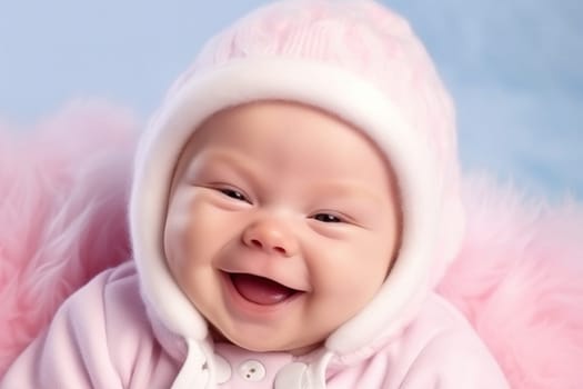 Portrait of a cheerful, laughing kid in a hat. Generative AI. High quality illustration