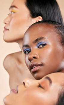 Makeup, beauty and portrait of a black woman with friends for cosmetics isolated on studio background. Skincare, peace and face of an African model with women for a cosmetology campaign on a backdrop.