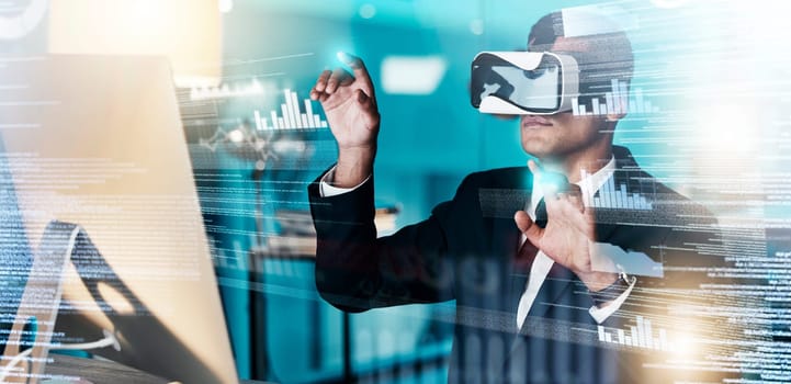 VR, businessman and web developer in cyber metaverse, seo coding and big data, digital transformation and innovation. Virtual reality graphics, software engineer code and future programmer analytics.