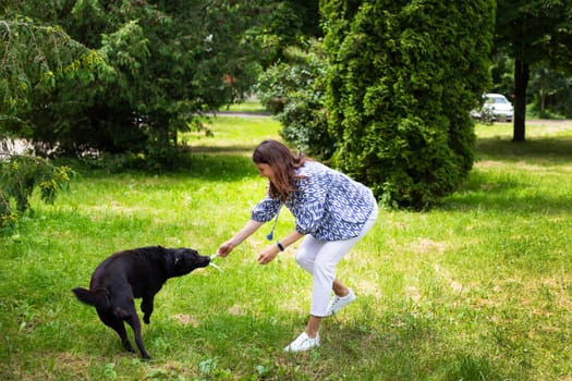 A young girl in white jeans plays with a black dog in the street. Outdoor recreation, walk in the park with the dog