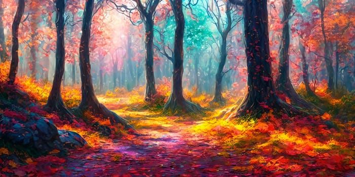 Fantasy fairy forest with colorful leaves at sunset. AI Generative