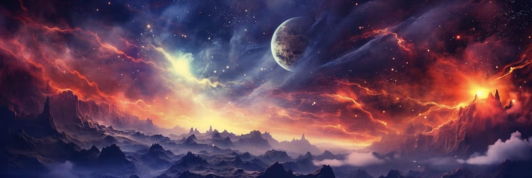 Fantasy planet with surface on foreground, mountains and night sky with stars and planets on background, panorama . AI Generative