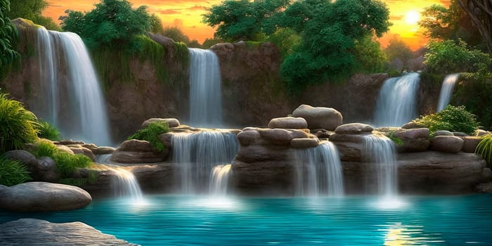 Fantasy landscape with waterfall at sunset, panorama. Generative AI