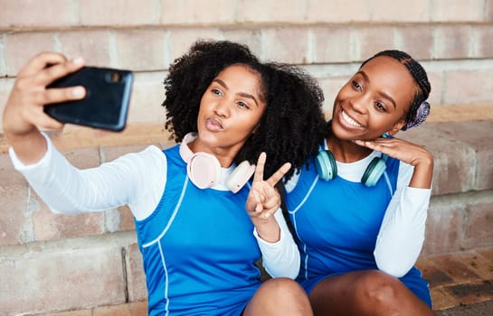 Sports, friends and selfie by netball team on steps with smile, hand and peace sign, happy and relax. Social media, girl and sport influencer pose for photo, profile picture or blog update outdoor.