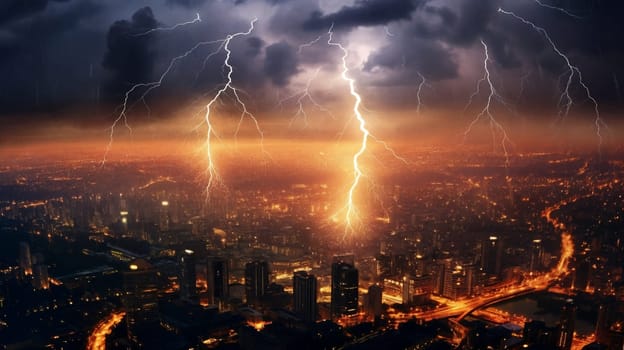 The city skyline is a silhouette against the cloudy dark sky with lightning. Panorama. AI Generative
