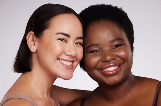 Beauty, portrait and diversity women isolated on a white background of skincare, cosmetics or self love. Asian model, black woman or international people face for makeup, dermatology and studio smile.