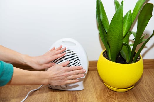The girl holds her hands near a plastic fan heater and warms her hands, adjusting the temperature at home, the flow of heat to her hands