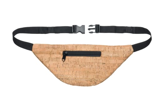 Beige waist bag under a tree isolated on a white background. Close-up, rear view