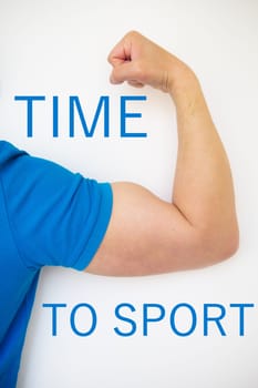 Close up of a handsome male hand showing biceps on a white background. Health and sport concept. Close-up lettering time for sports.