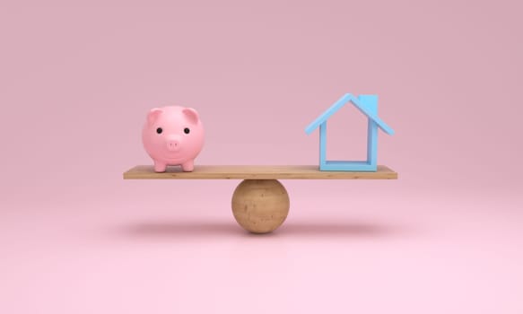 Pink piggy bank and symbol house balancing on a seesaw. 3d Rendering.