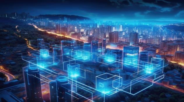 A virtual city with holograms and bright road lines. A vision for the future