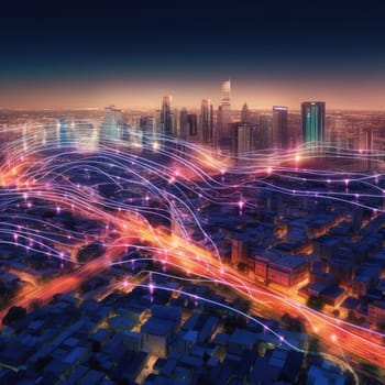 The city of the future with luminous lines. The Concept of Future Connectivity