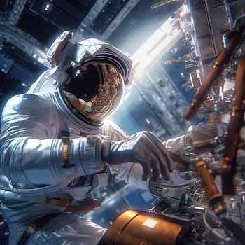 An astronaut in a spacesuit repairs a space station in outer space