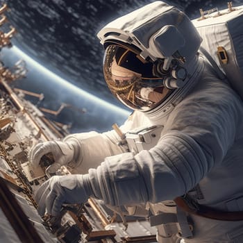 An astronaut in a spacesuit repairs a space station in outer space