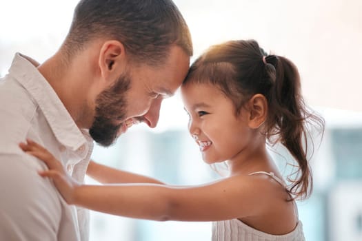 Love, father and girl play, happy and smile with fun, support and trust together in brazil home. Latino man, child and happiness, care and bonding with care, joy and healthy relationship in family.