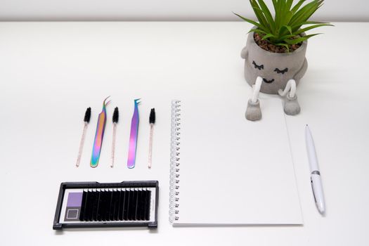 Set of eyelash instruments with a notepad and copyspace