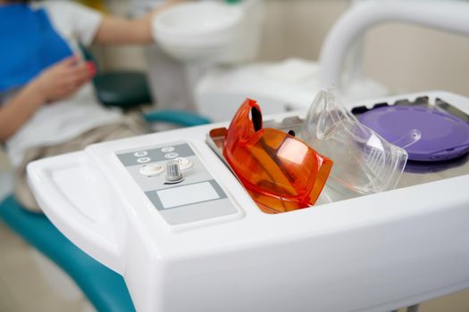 Dentist goggles, protective glasses in dentist's office. Dental