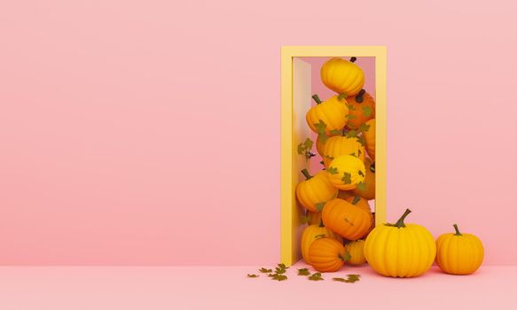 Door with pumpkins and autumn leaves coming out of it with pastel pink color. space for text. Minimal concept of autumn arrival and halloween. 3d rendering