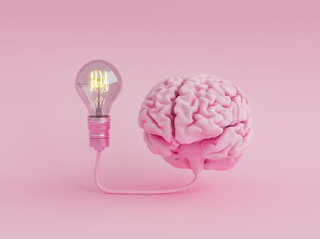 brain connected to an illuminated light bulb. monochromatic scene in pastel color. minimal concept of thoughts, intelligence, technology, education and learning. 3d rendering