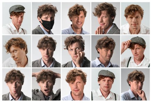 Collage of a man portraits with different emotions and gestures isolated on white or grey background. Multiscreen montage, split screen collage. Emotions concept. 