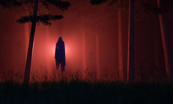 spooky night in a forest with fog and an evil spirit with red light among the trees. Halloween concept, apparition, terror and fear. 3d rendering