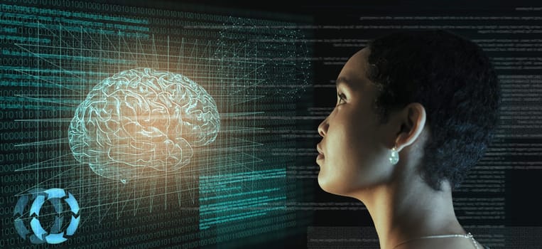 Screen, code and ai, brain hologram and black woman, programming with future technology. Robot, knowledge and data analysis, IT and software with human mind, neurology and 3D with robotics innovation.