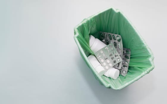 Mockup Trash Bin, Bucket Full Of Medication, Supplement. Pills, Tablet Bottles, Empty Capsule Pastilles. Medical Waste, Drug Consumption Concept. Pharmacy. Horizontal Plane Copy Space, Top View