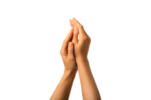 Close up woman hands moisturised with protective cream anti age treatment isolated on white background.