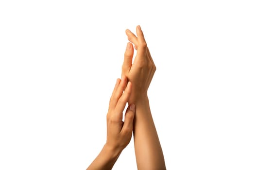 Close up woman hands moisturised with protective cream anti age treatment isolated on white background.