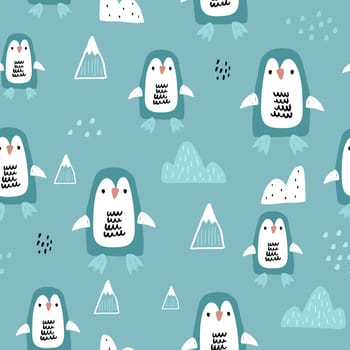 Cute seamless penguin patterns on blue. Cartoon penguins, icebergs,winter texture. Perfect for fabric, textile, Wallpapers. Vector illustration