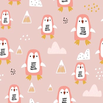 Cute seamless penguin pattern on pink. Cartoon penguins, icebergs,winter texture. Perfect for fabric, textile, Wallpapers. Vector illustration.