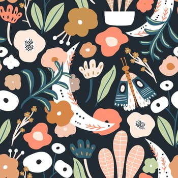 Floral seamless pattern with moon, moth, leaves, flowers. Flourish garden texture. Perfect for fabric, wallpaper, textile. Vector illustration