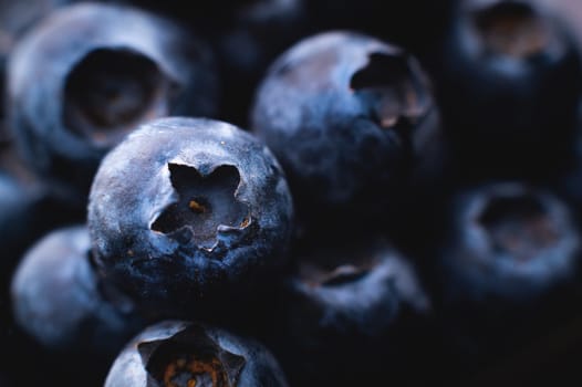 Background with fresh blueberries closeup. Blueberry macro photography. Organic berries of bright blue color. Template for banner, menu, food label, organic shop. Healthy eating. Blurred background.