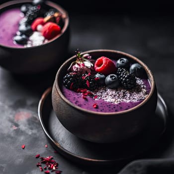 Smoothie bowl with blueberry, raspberry, and blackberry - selective focus (ID: 001240)
