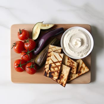 Grilled eggplant, cherry tomatoes, and cream cheese on a wooden board (ID: 001260)