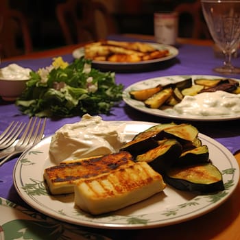 Grilled aubergine with cheese and sour cream on a plate (ID: 001261)