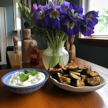 Bouquet of purple irises and eggplant with yogurt (ID: 001262)