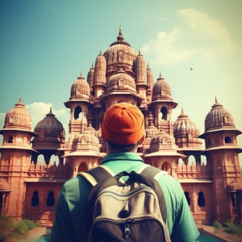Hipster traveler with backpack in front of an Indian Temple (ID: 001287)