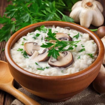 Mushroom risotto with parsley in a bowl on the table (ID: 001292)