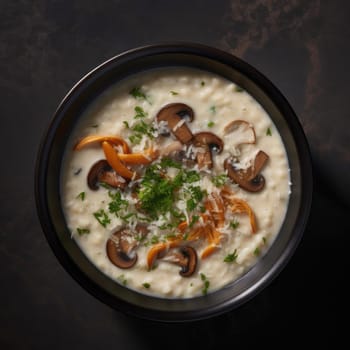 Bowl of porridge with mushrooms and parsley on dark background (ID: 001293)