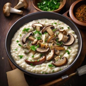 Risotto with champignons and parsley on wooden background (ID: 001294)