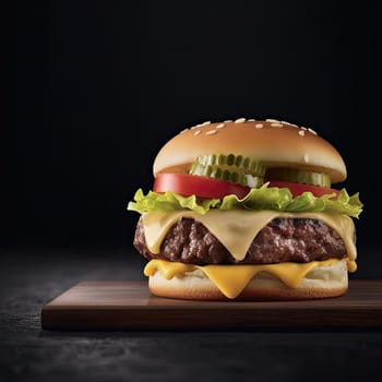 Big tasty cheeseburger on wooden cutting board, black background (ID: 001300)