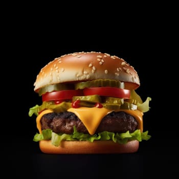 Big tasty cheeseburger isolated on black background (ID: 001301)