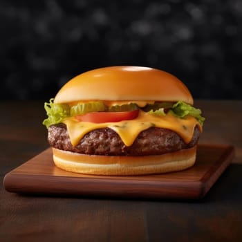 Cheeseburger on a wooden cutting board on a dark background (ID: 001302)